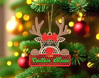 Adorno navideño FSL con nombre personalizado para niña reno y diseños de bordado para pendientes personalizados, 3 tamaños