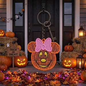 May include: An orange pumpkin-shaped keychain with a pink bow, featuring a black embroidered face with yellow eyes and a nose. The keychain is attached to a metal ring and a decorative skeleton key charm, showcasing intricate mesh-like stitching.