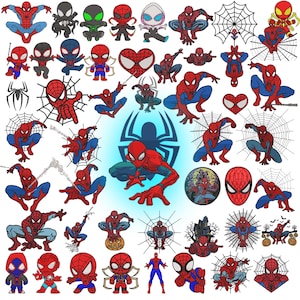 May include: A collection of various Spider-Man illustrations featuring the character in red and blue suits, often depicted in dynamic action poses, crouching, or hanging from webs. The set includes multiple chibi-style figures and spider icons.