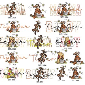 May include: A collection of embroidery designs featuring Tigger and Winnie the Pooh characters with honey pots, bees, and text including Mama, Daddy, Bear, and Est. 2026. The designs use orange, yellow, red, and black outlines in various fonts.