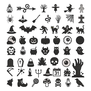 Könnte beinhalten: Eine Sammlung schwarzer gestickter Halloween-Symbole mit Laterne, Pfeil, Baum, Vogelscheuche, Hexe, Mumie, Spinne, Fledermaus, Besen, Schlange, Skeletthand, Netz, Grabstein, Hut, Werwolf, Katze, Geist, Mond, Apfel, Kürbis, Auge, Vampir, Trank, Kessel, Teufel, Eule, Sarg, Zuckermais, Frosch, Totenkopf, Sense, Zauberstab, Kerze, Mistgabel, Kalender mit 31, Haus, Hand, Wolf, Stiefel, Lutscher, Pilz und Rabe.
