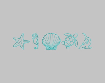 May include: A collection of turquoise line art sea creatures on a gray background. The image features a starfish, seahorse, seashell, turtle, and shark. The outlines are simple and stylized, creating a minimalist aesthetic.