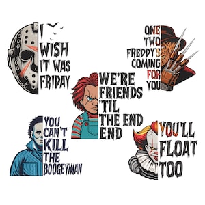 Broderidesignpaket med Halloween-skräckmotiv: Filmfigurer, 6 storlekar (digital nedladdning)