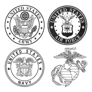 May include: Black and white illustrations of the United States Army, Air Force, Navy, and Marine Corps seals. Each seal features a bald eagle and the words "United States" and the branch of service.