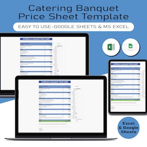May include: A digital template for a catering and banquet price sheet. The template is designed to be used with Google Sheets and Microsoft Excel. The template includes a list of catering items and their prices. The template is available in both Excel and Google Sheets formats.