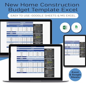 May include: A screenshot of a computer screen displaying a spreadsheet template for budgeting a new home construction project. The spreadsheet is organised into categories such as "Construction" and "Interior". The spreadsheet includes columns for item, quantity, unit price, total cost, and budget. The spreadsheet is designed to be used with Google Sheets or Microsoft Excel. The image also includes icons for Excel and Google Sheets.