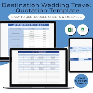 May include: A digital template for destination wedding travel quotations. The template is designed for use with Google Sheets and Microsoft Excel. The image shows a laptop screen displaying the template, which includes sections for accommodation pricing and travel itinerary. The template is easy to use and customizable.