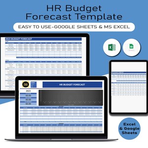 Puede incluir: Una pantalla de computadora que muestra una plantilla de hoja de cálculo para un pronóstico de presupuesto de RR. HH. La plantilla está diseñada para usar con Google Sheets y Microsoft Excel. La hoja de cálculo incluye columnas para ingresos y gastos, con filas para diferentes categorías de gastos. La plantilla está etiquetada como "Pronóstico de presupuesto de RR. HH." e incluye un logotipo con el texto "Su logotipo" y "Nombre".