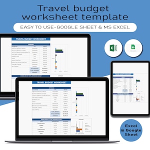 Op de afbeelding: Een screenshot van een computerscherm met een sjabloon voor een reisbudget-spreadsheet in Google Sheets en Microsoft Excel. De sjabloon bevat een tabel met kolommen voor beschrijving, uitgavetype, bedrag en totaal. Er is ook een staafdiagram dat de verdeling van de uitgaven per categorie laat zien.