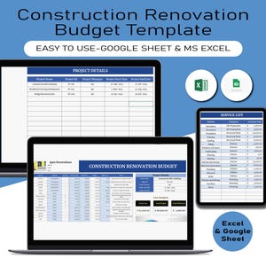 May include: A computer screen displaying a construction renovation budget template in a spreadsheet format. The template includes sections for project details, cost analysis, and a service list. The template is designed for use with Google Sheets and Microsoft Excel.