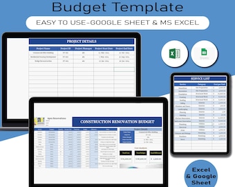Construction Renovation Budget Template, Construction Budget, Management and Tracking Tool, Home build Budget, MS Excel and Google Sheet