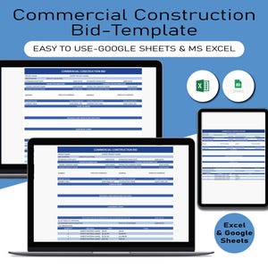 Commercial Construction Bid Template, Construction Cost Estimate Template, Contractor Estimate Planner, Excel Spreadsheet, Google Sheets