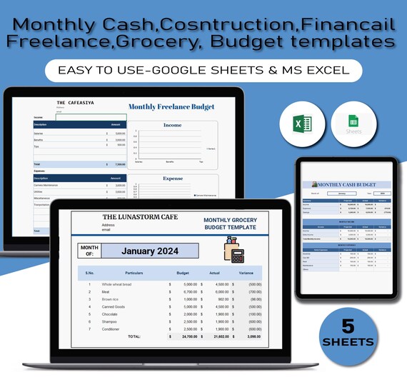 Monthly Cash Budget Template, Monthly Construction Budget, Monthly Financial Budget, Monthly Freelance Budget, Monthly Grocery Budget