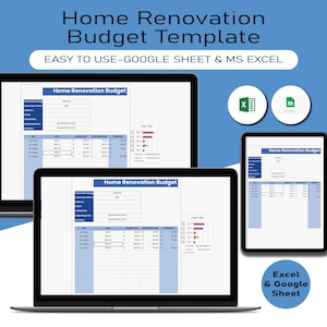 Home Renovation Budget Template, Home Remodel Planner Budget, Home Project Interior Design Google Sheets, Home Building, Excel Spreadsheet