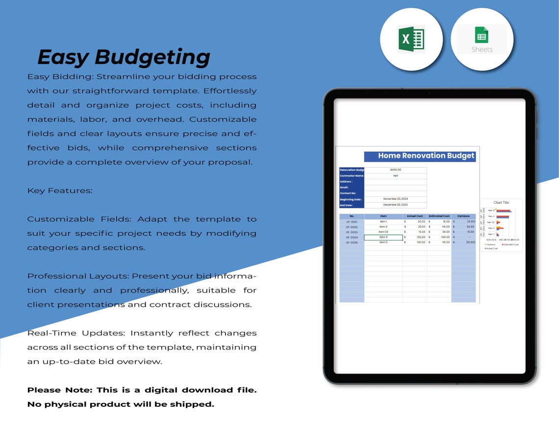 Home Renovation Budget Template, Home Remodel Planner Budget, Home ...