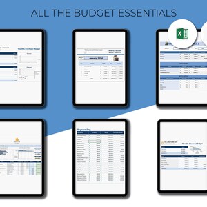 Puede incluir: Una colecci&oacute;n de seis hojas de c&aacute;lculo de presupuesto en formato Excel y Google Sheets. Las hojas de c&aacute;lculo se titulan "Presupuesto de ingresos mensuales", "Plantilla de presupuesto mensual de The Lighthouse Cafe Enero 2024", "Registro de gastos" y "Presupuesto financiero mensual".