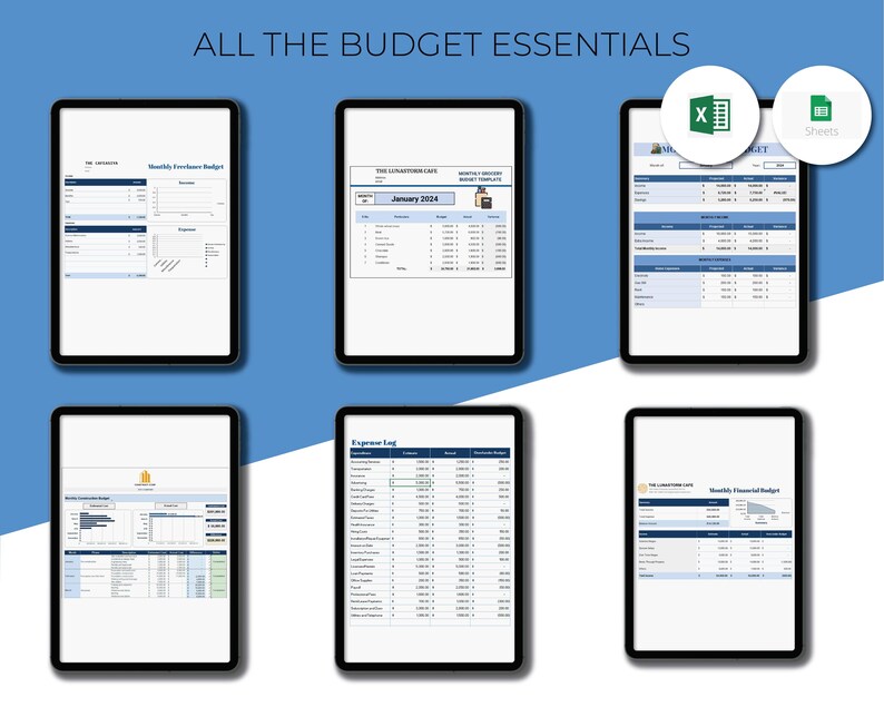 Puede incluir: Una colecci&oacute;n de seis hojas de c&aacute;lculo de presupuesto en formato Excel y Google Sheets. Las hojas de c&aacute;lculo se titulan "Presupuesto de ingresos mensuales", "Plantilla de presupuesto mensual de The Lighthouse Cafe Enero 2024", "Registro de gastos" y "Presupuesto financiero mensual".