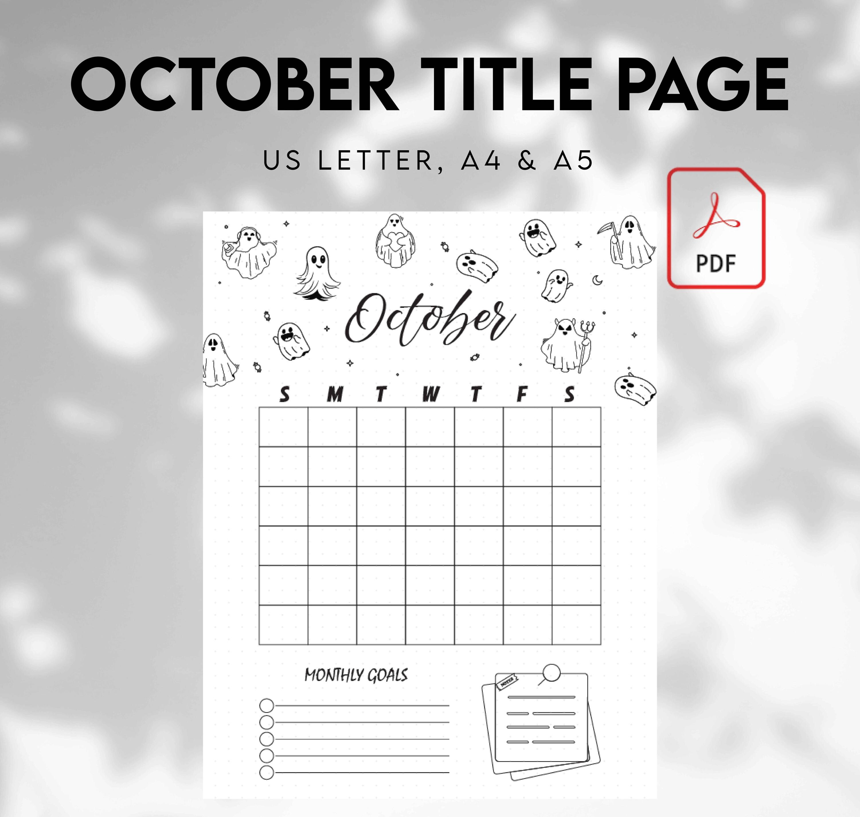 October Title Page, PRINTABLE Calendar, Printable Title Page, October Calendar, Journal Title Page and Calendar Set, October Cover Page