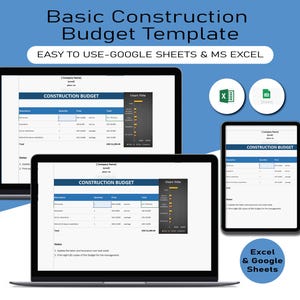 Basic Construction Budget Template, Construction Budget, Management Tracking Tool, Cost Tracking Tool, Budget Planner, Google Sheets, Excel