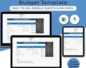 Basic Construction Budget Template, Construction Budget, Management Tracking Tool, Cost Tracking Tool, Budget Planner, Google Sheets, Excel