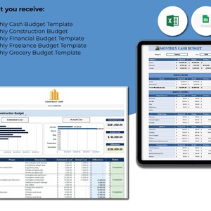 Puede incluir: Una imagen digital que muestra una pantalla de computadora que muestra una plantilla de hoja de c&aacute;lculo de presupuesto mensual. La hoja de c&aacute;lculo est&aacute; en formato Excel e incluye columnas para ingresos, gastos y varianza. La imagen tambi&eacute;n muestra una lista de otras plantillas de presupuesto disponibles, incluidas plantillas de presupuesto mensual para construcci&oacute;n, finanzas, aut&oacute;nomos y comestibles.