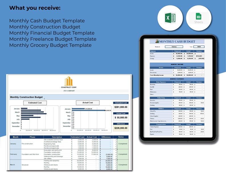 Puede incluir: Una imagen digital que muestra una pantalla de computadora que muestra una plantilla de hoja de c&aacute;lculo de presupuesto mensual. La hoja de c&aacute;lculo est&aacute; en formato Excel e incluye columnas para ingresos, gastos y varianza. La imagen tambi&eacute;n muestra una lista de otras plantillas de presupuesto disponibles, incluidas plantillas de presupuesto mensual para construcci&oacute;n, finanzas, aut&oacute;nomos y comestibles.