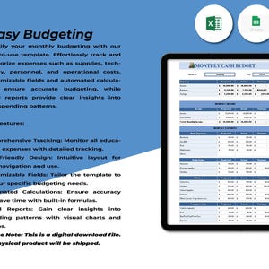 Puede incluir: Una plantilla de presupuesto mensual descargable digitalmente en azul y blanco. La plantilla incluye secciones para ingresos, gastos y un resumen. La plantilla es compatible con Excel y Google Sheets.