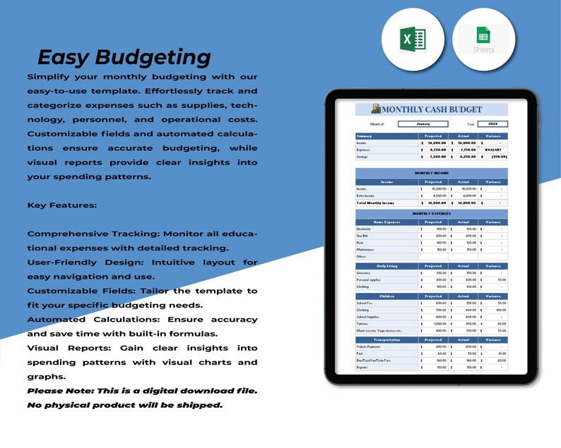 Puede incluir: Una plantilla de presupuesto mensual descargable digitalmente en azul y blanco. La plantilla incluye secciones para ingresos, gastos y un resumen. La plantilla es compatible con Excel y Google Sheets.