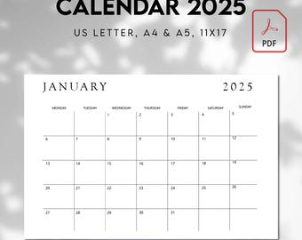 Druckbarer Monatsplaner 2025, Minimalistischer Kalender, Monatsplaner Landschaft, Eleganter Monatskalender, Start 2025, Wandkalender, PDF