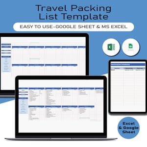 Travel Packing List Template, Printable PDF Checklist Planner, Vacations, Family, Kids Packing List, To Do List, MS Excel, Google Sheet