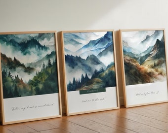 Set of 3 Christian Wall Art, Psalm 61:2 When My Heart is Overwhelmed, Bible Verse Wall Art, Mountain Scripture Print, Christian Wall Decor