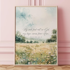 Salmo 62:5 Encontre descanso em Deus, Versículo Bíblico em Aquarela para Imprimir, Impressão das Escrituras no Prado, Arte Cristã para Parede, Decoração Religiosa para Casa