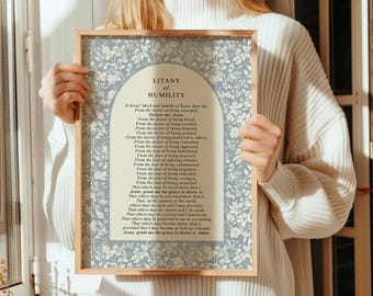 Litany of Humility Download, Dusty Blue Catholic Prayer Print, Dainty Floral Religious Wall Art, Faith Decor