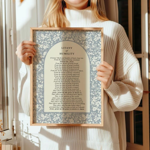 Litany of Humility Download, Dusty Blue Catholic Prayer Print, Dainty Floral Religious Wall Art, Faith Decor