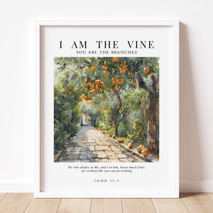 Può includere: Stampa incorniciata ad acquerello con un sentiero di pietra che conduce attraverso un aranceto. L'opera d'arte include il testo "I AM THE VINE YOU ARE THE BRANCHES" e un versetto biblico da Giovanni 15:5. La stampa è in una cornice bianca.