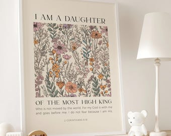 Daughter of the King, 2 Corinthians 6:18, Nursery Christian Wall Art, Wildflowers, Floral Bible Verse, Boho Nursery, Aesthetic Bedroom Art
