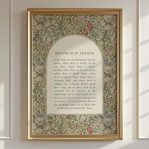 May include: A framed wall art print featuring the Prayer of St. Francis in black text on a cream-colored arched background. The border displays a dense, intricate botanical pattern of stylized flowers and leaves in shades of green, red, and blue.