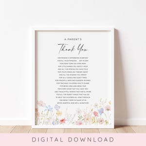Poema de agradecimiento para padres, regalo de agradecimiento para maestros, tarjeta imprimible para el Día del Maestro, regalo de fin de año para maestros, regalo para maestros, floral