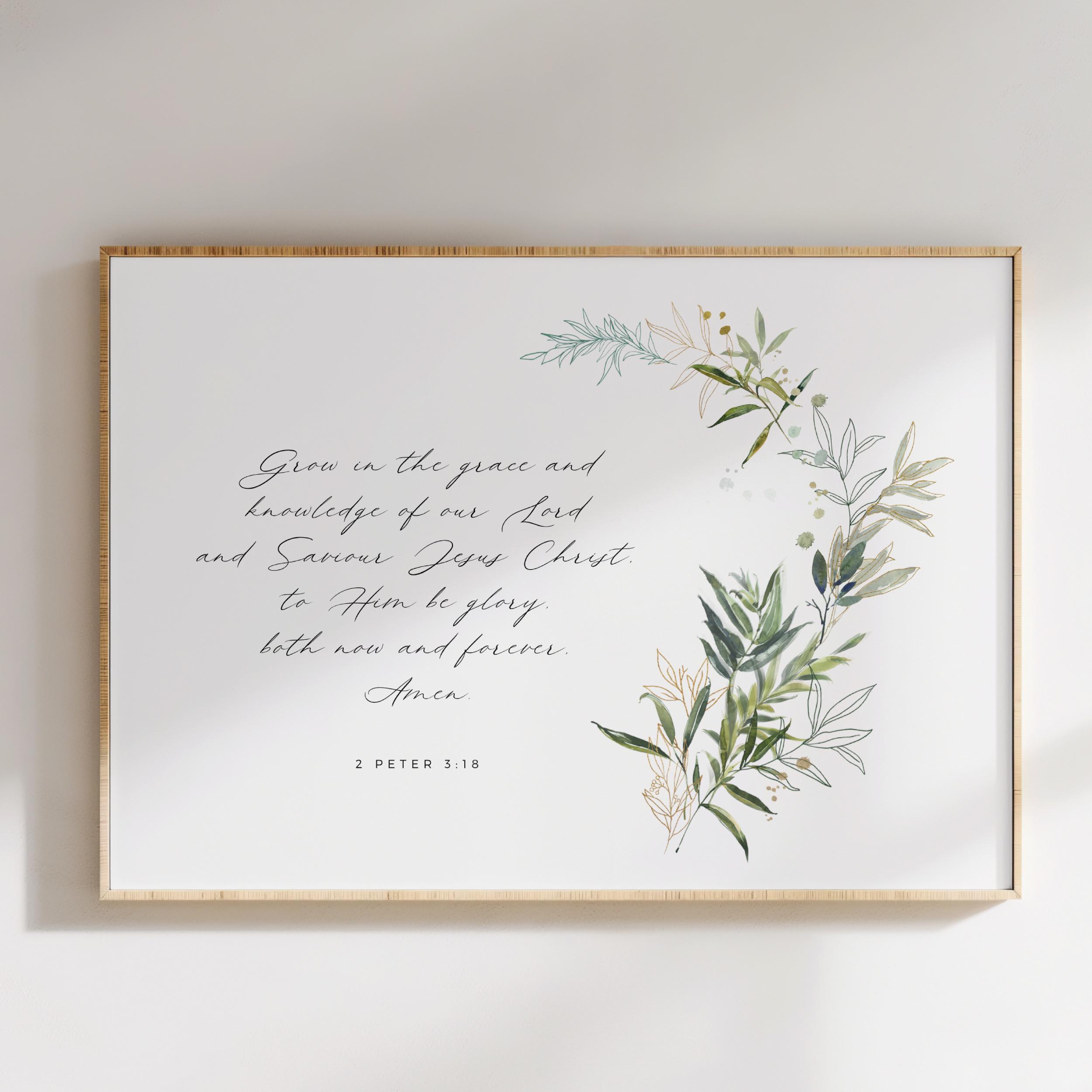 Grow in Grace Christian Wall Art, Peter 3:18, Botanical Bible Verse Art ...