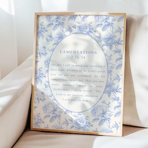 Blue Floral Christian Wall Art, Lamentations 3:21-24 Scripture Sign, Bible Verse Print, French Toile, Christian Home Decor, Christian Gift