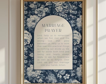 Marriage Prayer Printable, Blue Floral Christian Wedding Wall Art, Unique Wedding Anniversary Gift, Marriage Bible Verse, Vintage Style