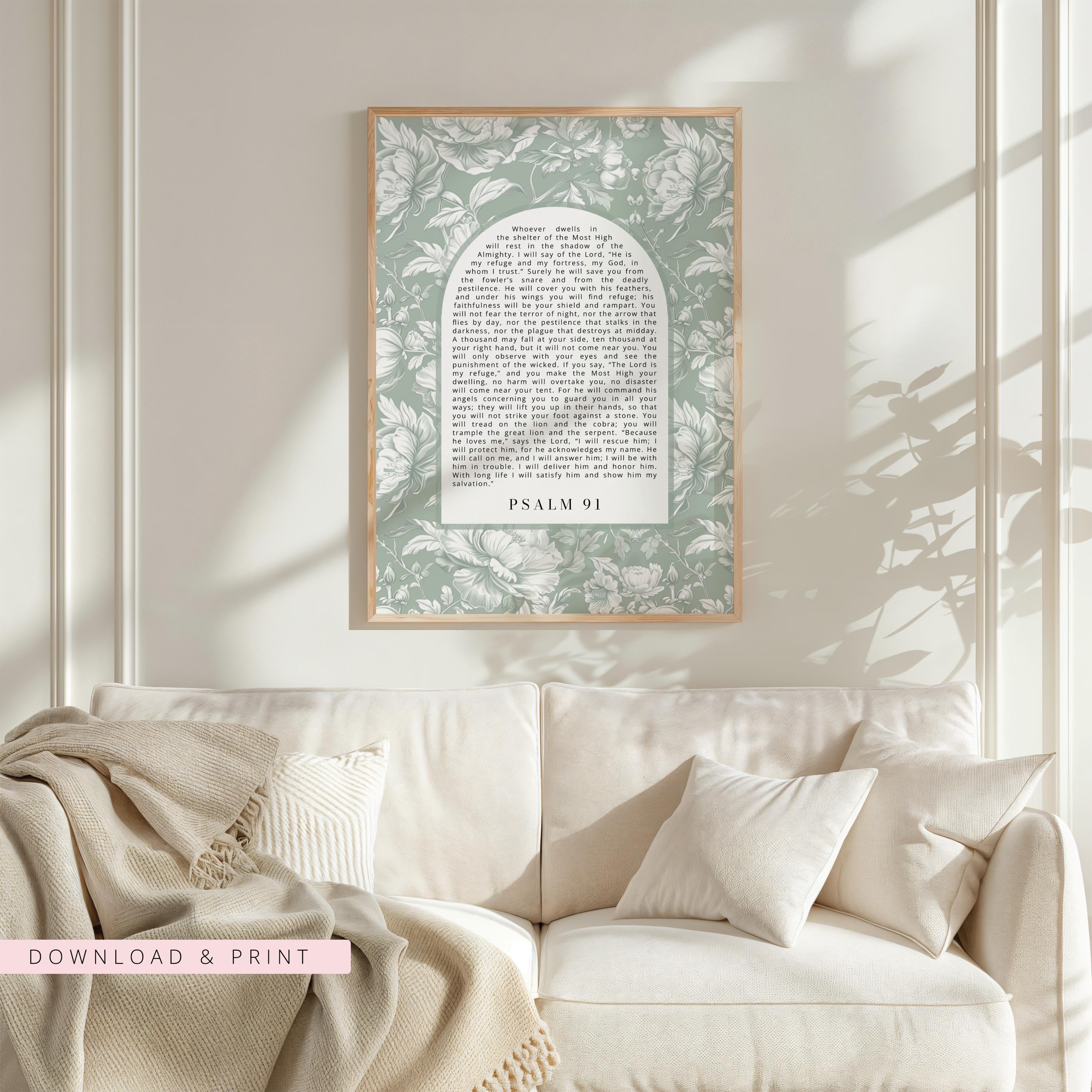 Vintage Style Christian Wall Art, Psalm 91, Green Floral Bible Verse ...