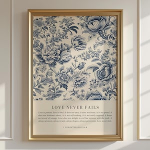 Vintage Style Wedding Wall Art, Blue Floral Wedding Scripture, 1 Corinthians 13:4–8 NIV Bible Verse Christian Wedding Gift, Love is Patient