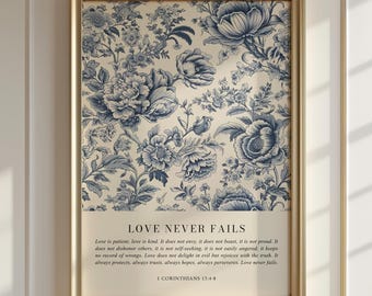 Vintage Style Wedding Wall Art, Blue Floral Wedding Scripture, 1 Corinthians 13:4–8 NIV Bible Verse Christian Wedding Gift, Love is Patient