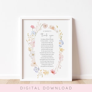 Regalo de agradecimiento para maestros, imprimible de agradecimiento para padres, carta de agradecimiento de fin de año para maestros, botánico, regalo para el Día del Maestro