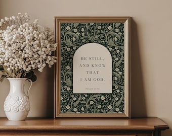 Green Floral Scripture Wall Art, Psalm 46:10 Print, Be Still and Know That I Am God Christian Wall Art, Botanical Bible Verse Art