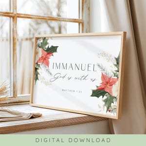Immanuel God is with Us Wall Art, Matthew 1:23, Christmas Bible Verse Wall Art, Christmas Botanical Printable, Christmas Decoration