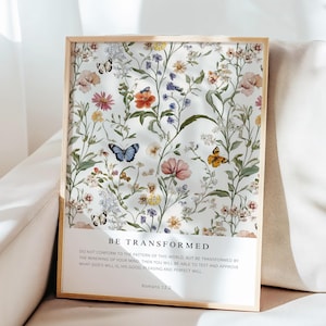 Romani 12:2 Trasformatevi, non conformatevi a questo mondo, stampa di un versetto della Bibbia, arte murale cristiana con farfalle, segno della Scrittura