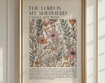 Impresión del Salmo 23, El Señor es mi pastor, arte de pared bíblico, versículo bíblico floral imprimible, decoración cristiana para el hogar