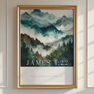 James 1:22 Wees daders van het woord, bijbelvers muurkunst, schriftafdruk met landschap, christelijk cadeau, christelijk muurdecor